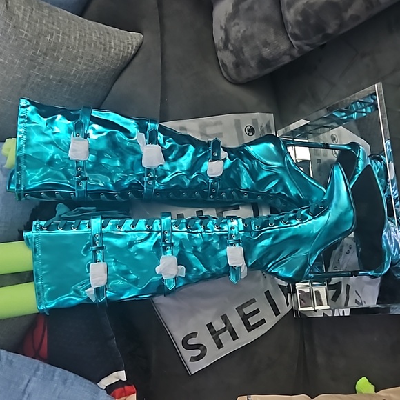 Blue Chrome thigh high boots - Picture 3 of 5